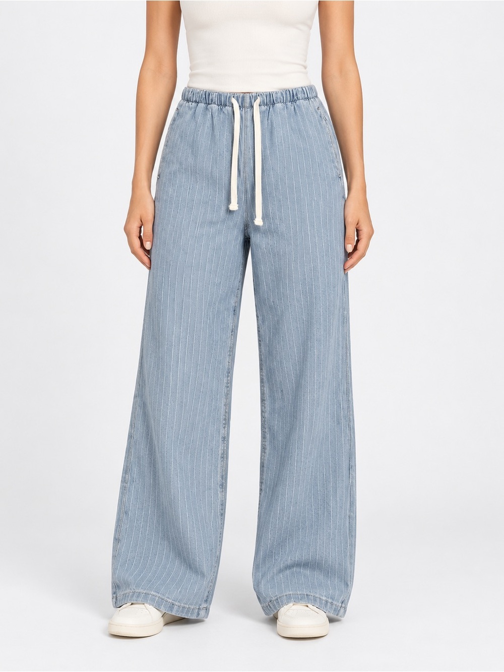 Vanilla Star Ultra Cozy Women’s Small Light Wash Pinstripe Wide Leg Pants NWT
